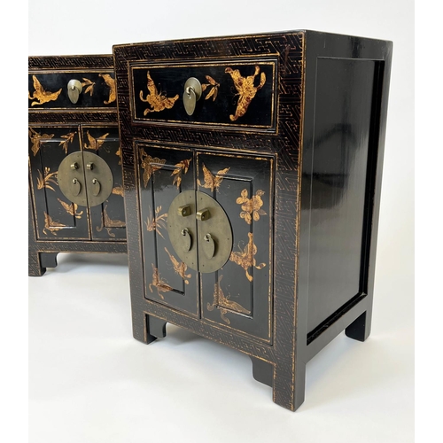 152 - CHINOISERIE BEDSIDE CABINETS, a pair, ebonised and gilt decorated, each with single drawer above two... 