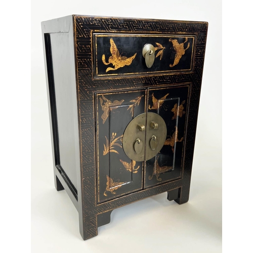 152 - CHINOISERIE BEDSIDE CABINETS, a pair, ebonised and gilt decorated, each with single drawer above two... 