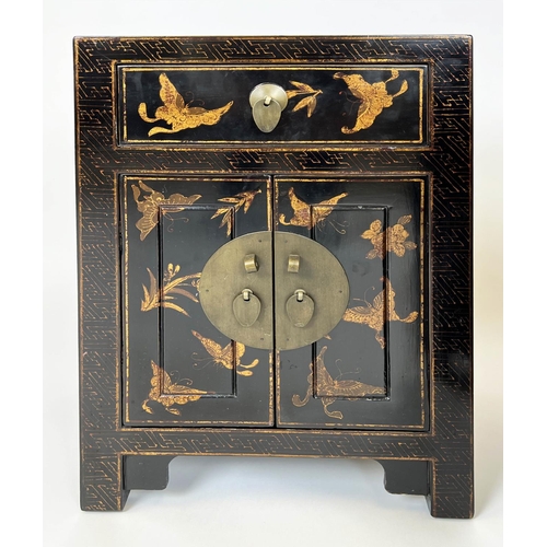 152 - CHINOISERIE BEDSIDE CABINETS, a pair, ebonised and gilt decorated, each with single drawer above two... 