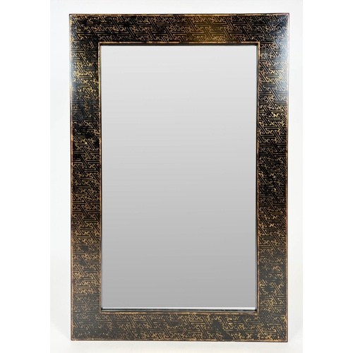 153 - CHINOISERIE WALL MIRROR, ebonised and gilt decorated, 110cm H x 70cm.