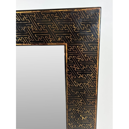 153 - CHINOISERIE WALL MIRROR, ebonised and gilt decorated, 110cm H x 70cm.