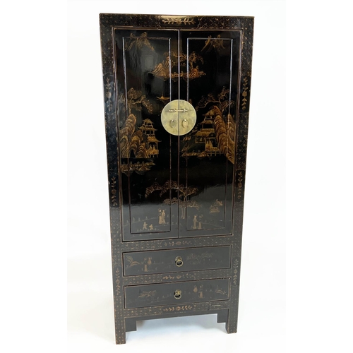 154 - CHINOISERIE CABINET, ebonised and gilt decorated with two panelled doors above two drawers, 182cm H ... 