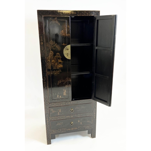 154 - CHINOISERIE CABINET, ebonised and gilt decorated with two panelled doors above two drawers, 182cm H ... 