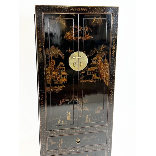 154 - CHINOISERIE CABINET, ebonised and gilt decorated with two panelled doors above two drawers, 182cm H ... 