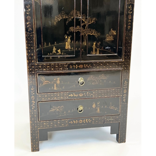 154 - CHINOISERIE CABINET, ebonised and gilt decorated with two panelled doors above two drawers, 182cm H ... 