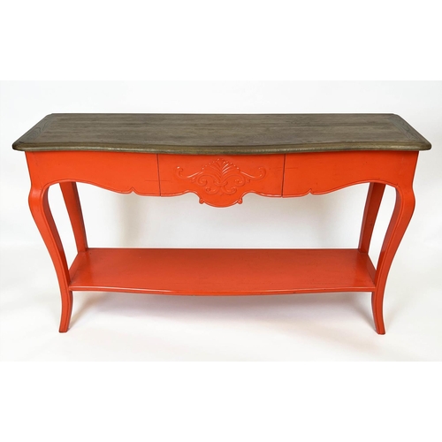 156 - CONSOLE TABLE, French style red lacquered with single frieze drawer, 81cm H x 140cm W x 41cm D.