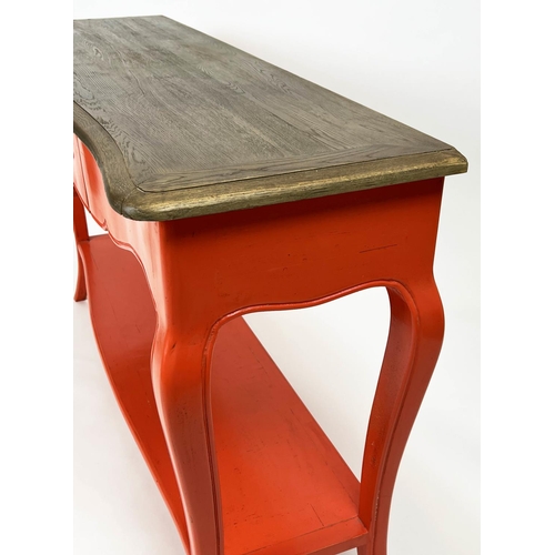 156 - CONSOLE TABLE, French style red lacquered with single frieze drawer, 81cm H x 140cm W x 41cm D.