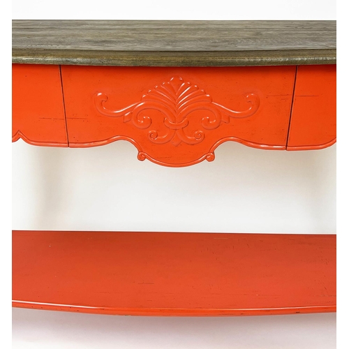 156 - CONSOLE TABLE, French style red lacquered with single frieze drawer, 81cm H x 140cm W x 41cm D.