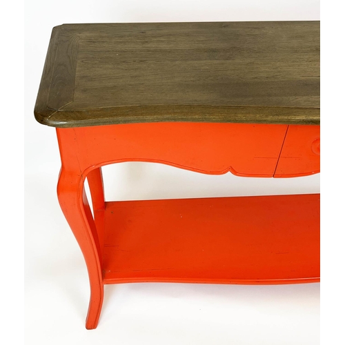 156 - CONSOLE TABLE, French style red lacquered with single frieze drawer, 81cm H x 140cm W x 41cm D.