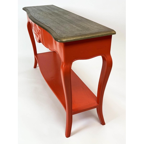 156 - CONSOLE TABLE, French style red lacquered with single frieze drawer, 81cm H x 140cm W x 41cm D.