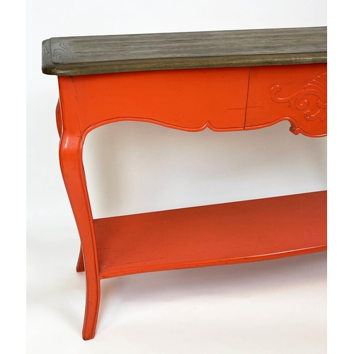 156 - CONSOLE TABLE, French style red lacquered with single frieze drawer, 81cm H x 140cm W x 41cm D.