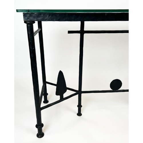 160 - CONSOLE TABLE, in the manner of Diego Giacometti, wrought iron base with rectangular glass top, 80cm... 