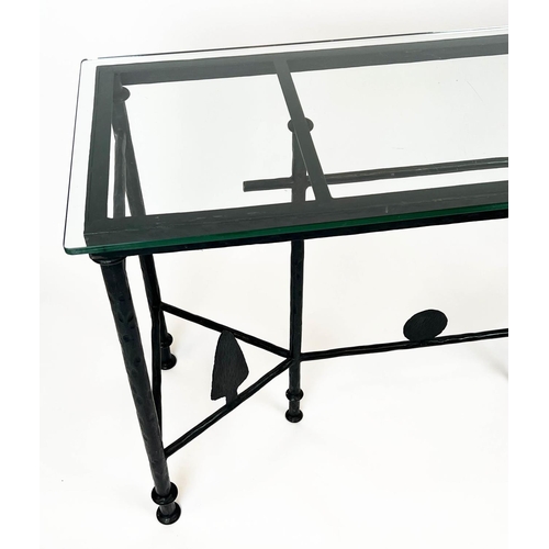 160 - CONSOLE TABLE, in the manner of Diego Giacometti, wrought iron base with rectangular glass top, 80cm... 