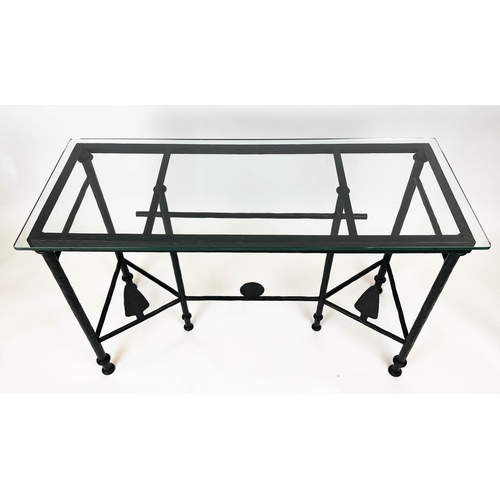 160 - CONSOLE TABLE, in the manner of Diego Giacometti, wrought iron base with rectangular glass top, 80cm... 