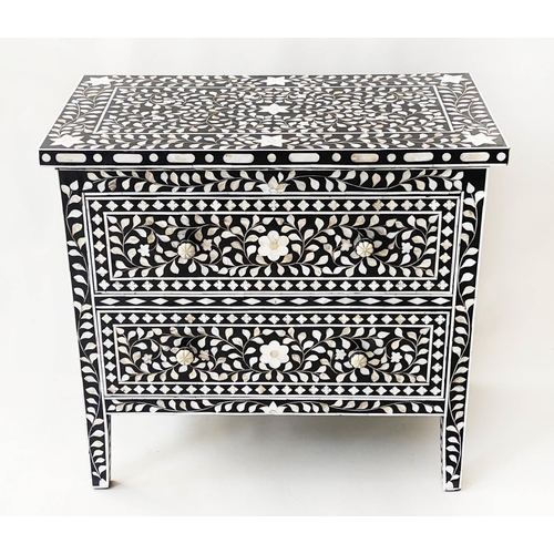 162 - COMMODE, moorish style mother of pearl and bone all over inset with two long drawers, 82cm x 45cm D ... 