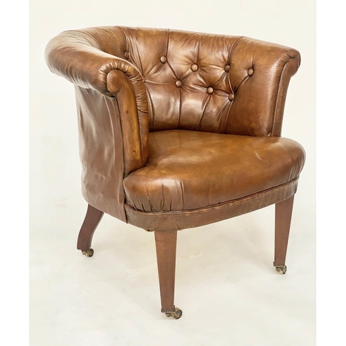 164 - LIBRARY ARMCHAIR, Edwardian buttoned and studded mid brown leather with rounded back and tapering su... 