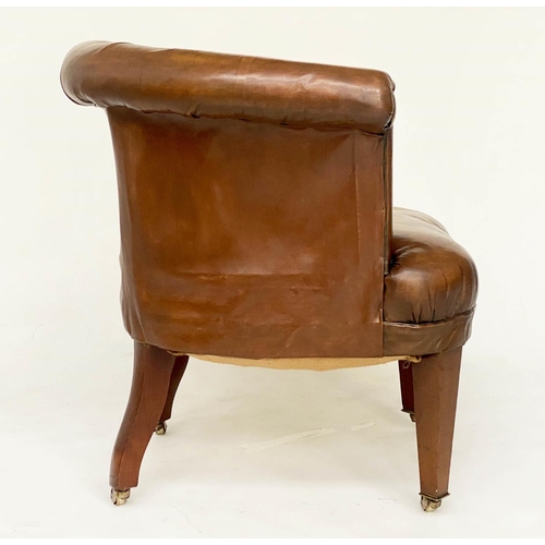 164 - LIBRARY ARMCHAIR, Edwardian buttoned and studded mid brown leather with rounded back and tapering su... 