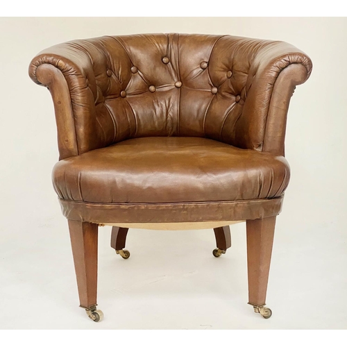 164 - LIBRARY ARMCHAIR, Edwardian buttoned and studded mid brown leather with rounded back and tapering su... 