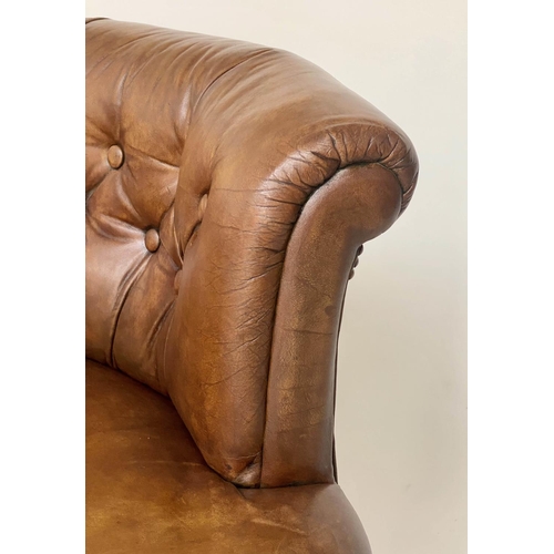 164 - LIBRARY ARMCHAIR, Edwardian buttoned and studded mid brown leather with rounded back and tapering su... 