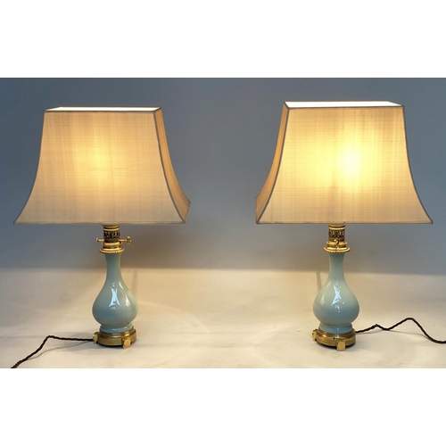 165 - TABLE LAMPS, a pair, vase form duck egg blue ceramic and gilt metal mounted with shades, 68cm H. (2)