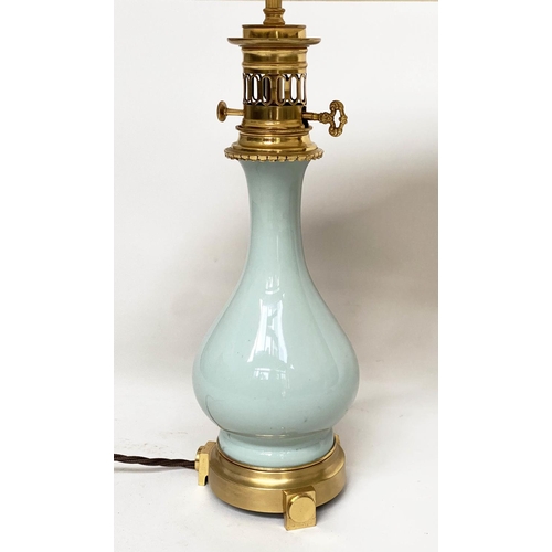 165 - TABLE LAMPS, a pair, vase form duck egg blue ceramic and gilt metal mounted with shades, 68cm H. (2)