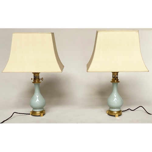 165 - TABLE LAMPS, a pair, vase form duck egg blue ceramic and gilt metal mounted with shades, 68cm H. (2)