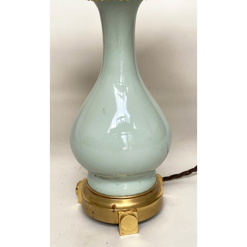 165 - TABLE LAMPS, a pair, vase form duck egg blue ceramic and gilt metal mounted with shades, 68cm H. (2)