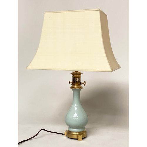 165 - TABLE LAMPS, a pair, vase form duck egg blue ceramic and gilt metal mounted with shades, 68cm H. (2)