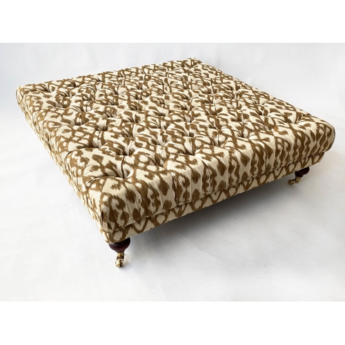 166 - HEARTH/CENTRE STOOL, George Smith style square buttoned two tone taupe, ikat woven silk and turned s... 