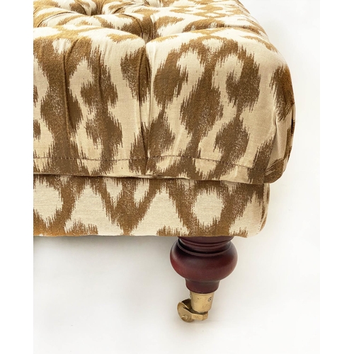 166 - HEARTH/CENTRE STOOL, George Smith style square buttoned two tone taupe, ikat woven silk and turned s... 