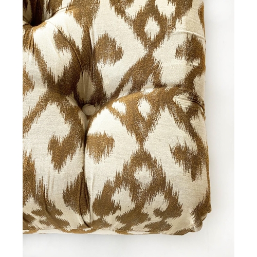 166 - HEARTH/CENTRE STOOL, George Smith style square buttoned two tone taupe, ikat woven silk and turned s... 