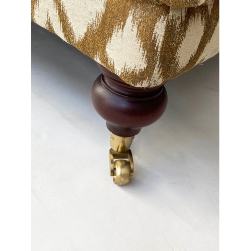 166 - HEARTH/CENTRE STOOL, George Smith style square buttoned two tone taupe, ikat woven silk and turned s... 