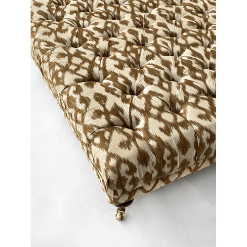 166 - HEARTH/CENTRE STOOL, George Smith style square buttoned two tone taupe, ikat woven silk and turned s... 