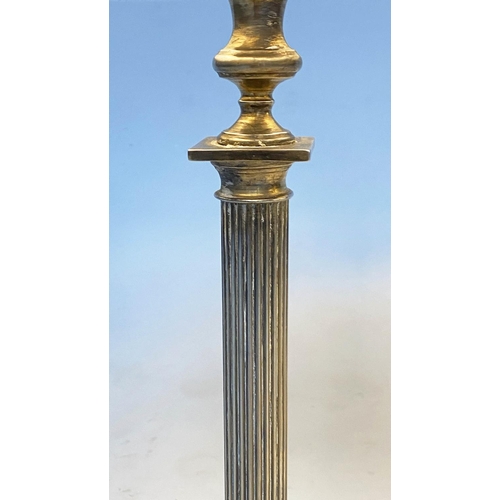 169 - TABLE LAMPS, a pair, Regency style silver plated with reeded columns, Corinthian style capitals and ... 