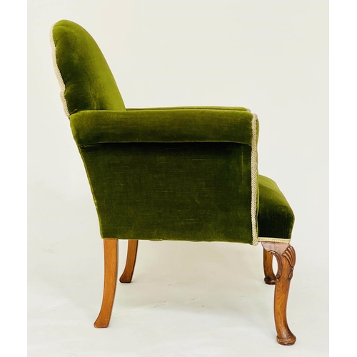 172 - ARMCHAIR, Queen Anne style walnut, Royal green velvet with arched back and carved cabriole supports,... 