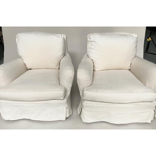 175 - ARMCHAIRS, by Jean Roch, a pair, mid 20th century French with woven white cotton loose covers, 90cm ... 