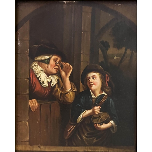 71 - MANNER GODEFRIDUS SCHALCKEN (1643-1706) 'Figures at Doorways', oil on canvas, 19cm x 15cm, framed. (... 