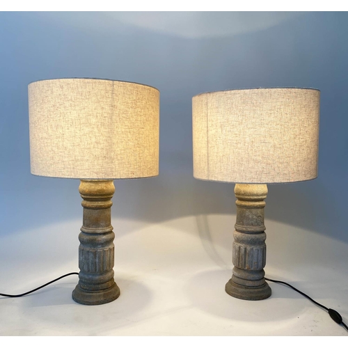 465 - TABLE LAMPS, a pair, turned baluster column and stone effect, with shades, 66cm H. (2)