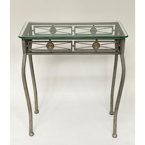 464 - CONSOLE TABLE, 66cm W x 33cm D x 76cm H, Spanish style, moulded edge glass top, on wrought iron and ... 