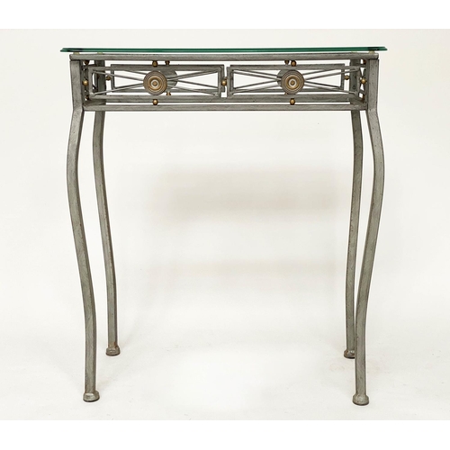 464 - CONSOLE TABLE, 66cm W x 33cm D x 76cm H, Spanish style, moulded edge glass top, on wrought iron and ... 