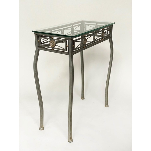 464 - CONSOLE TABLE, 66cm W x 33cm D x 76cm H, Spanish style, moulded edge glass top, on wrought iron and ... 