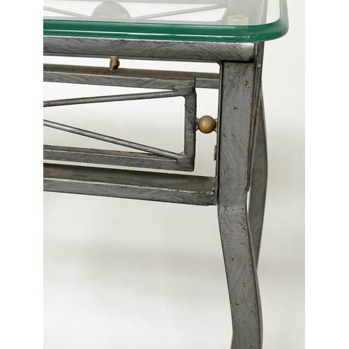 464 - CONSOLE TABLE, 66cm W x 33cm D x 76cm H, Spanish style, moulded edge glass top, on wrought iron and ... 