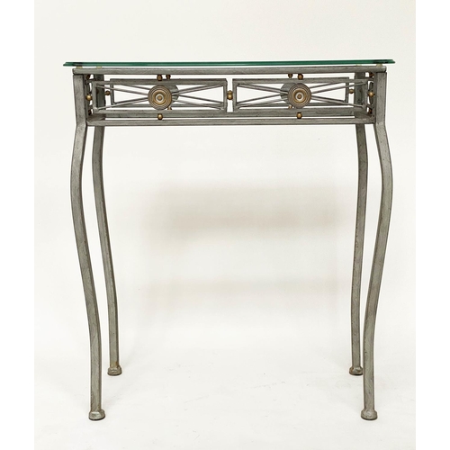 464 - CONSOLE TABLE, 66cm W x 33cm D x 76cm H, Spanish style, moulded edge glass top, on wrought iron and ... 