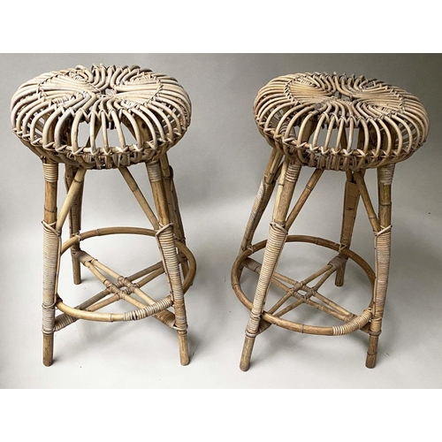 320 - ATTRIBUTED TO FRANCO ALBINI LOBSTER POT BAR STOOLS, 73cm H, a pair, rattan and cane bound. (2)