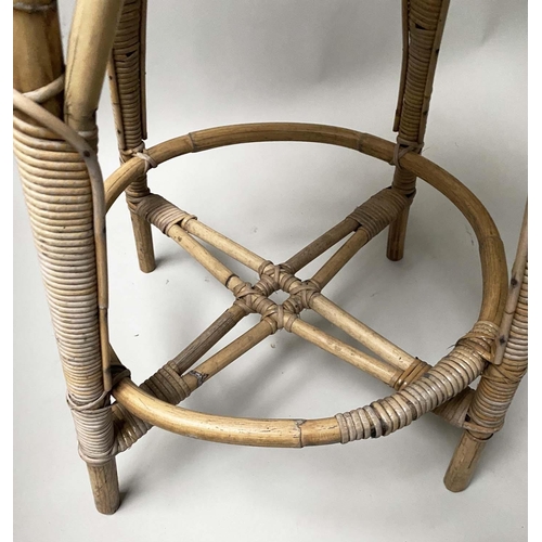 320 - ATTRIBUTED TO FRANCO ALBINI LOBSTER POT BAR STOOLS, 73cm H, a pair, rattan and cane bound. (2)