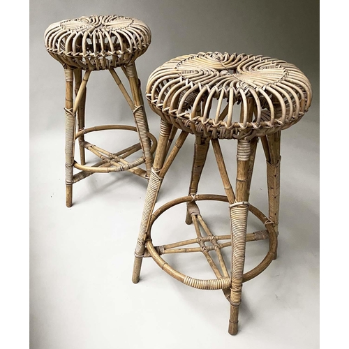 320 - ATTRIBUTED TO FRANCO ALBINI LOBSTER POT BAR STOOLS, 73cm H, a pair, rattan and cane bound. (2)