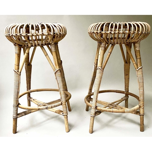 320 - ATTRIBUTED TO FRANCO ALBINI LOBSTER POT BAR STOOLS, 73cm H, a pair, rattan and cane bound. (2)