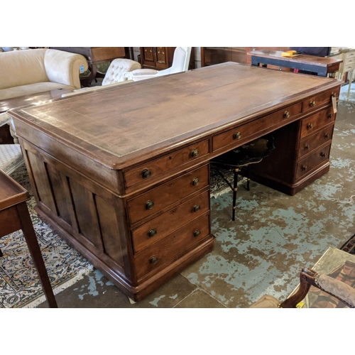 141 - PARTNERS DESK, 213cm W x 81cm H x 122cm D Victorian mahogany with a tan leather and gilt tooled top ... 