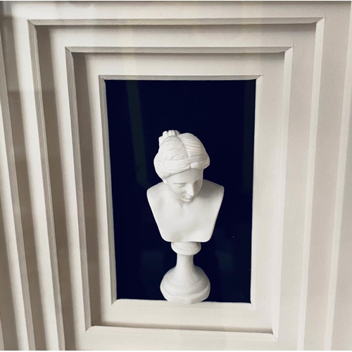 470 - MINIATURE BUST DISPLAY, classical style, framed and glazed, 110x100.