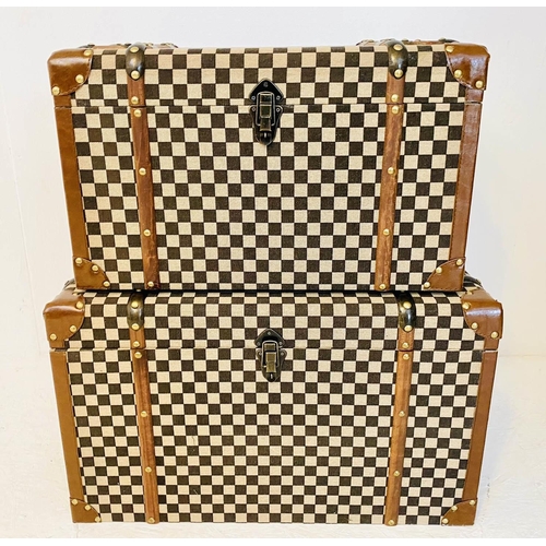 471 - TRUNKS, a graduated set of two, 1920s French style, damier style fabric covered, 42 x 72x 42.